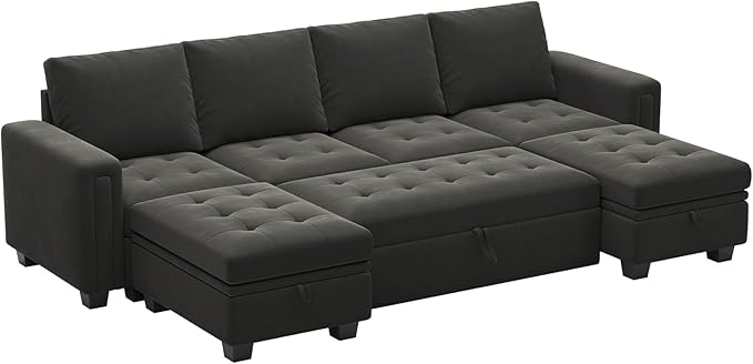 Belffin Modular Sectional Sleeper Sofa with Pull Out Bed Velvet Convertible U Shaped Sectional Sofa Couch with Storage Chaises for Living Room Grey