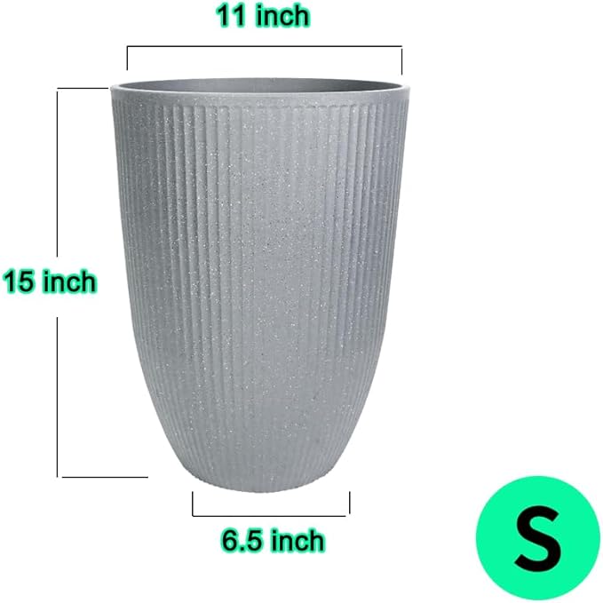 2 Pcs Pack 15 Inches Heavy Duty Plastic Resin Tall Tapered Planter Pots Large Round Planter Flower Pot with Drainage Holes for Indoor Outdoor Deck Porch Garden Home Patio Front Door (Light grey, S)