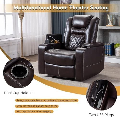 CANMOV Electric Power Recliner Chair Set of 3, Breathable Leather Home Theater Seating with Hidden Arm Storage, Power Recliner Chair with USB Ports and Cup Holders for Living Room,Brown