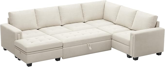 Belffin Modular Sectional Sleeper Sofa with Pull Out Bed U Shaped Sectional Sofa Couch with Storage Ottoman Velvet Covertible 7-Seater Sofa for Living Room Beige