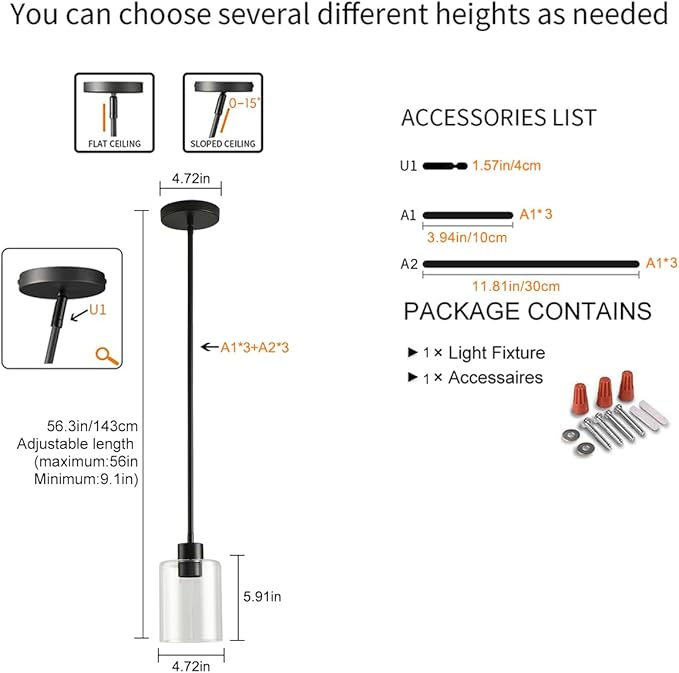 Black Pendant Lights Kitchen Island,Modern Farmhouse Glass Pendant Light,Light Fixture Kitchen Pendant Mini Hanging Light Fixture for Sink (1 Pack Black stem Rod)