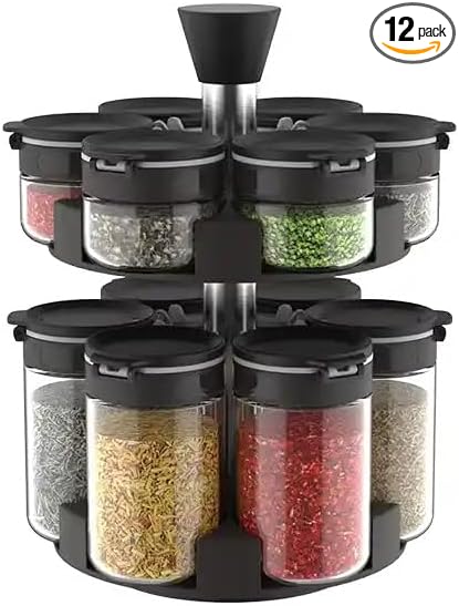 360 rotating 2 tier jars spice rack (6 small 6 large spice jars) Revolving Seasoning Organizer. Spinning Spice Rack for Counter top and Cabinet WITH Custom Label Stickers.