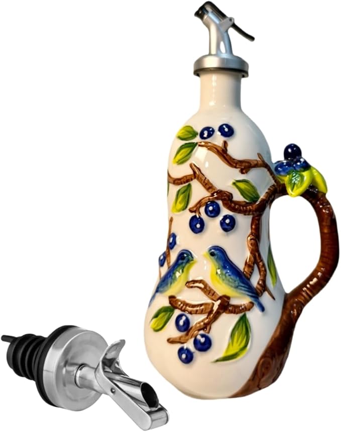 18.26oz/540ml Ceramics Olive Oil Dispenser Bottle,Hand Painted Reliefs Oil Dispenser for Kitchen,Oil Bottles for Kitchen (Blueberry)