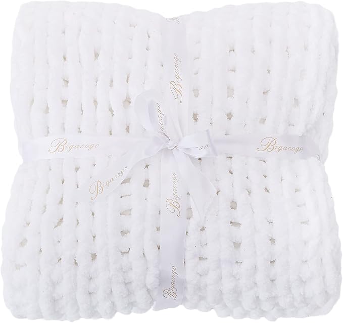 Bigacogo Chunky Knit Throw Blanket for Couch, 60x80 inches, 100% Hand Knitted with Thick Jumbo Chenille Yarn, Cozy Soft Large Rope Knot Cable Crochet Blankets for Sofa Bed Living Room, White