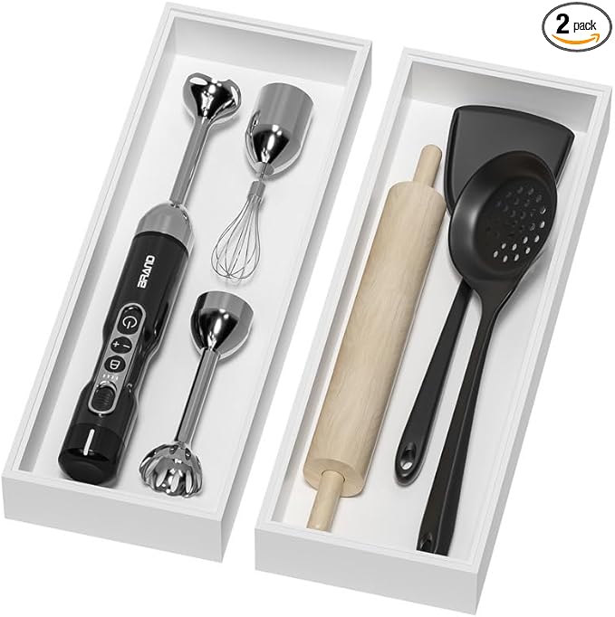 Bamboo Drawer Organizer, Extra Large Silverware Organizer for Kitchen Drawer, Stackable Utensil Organizer, 2 Pcs Toilet Tank Topper Tray, Wooden Toilet Paper Basket (White, 17 X 6 X 2 Inch)