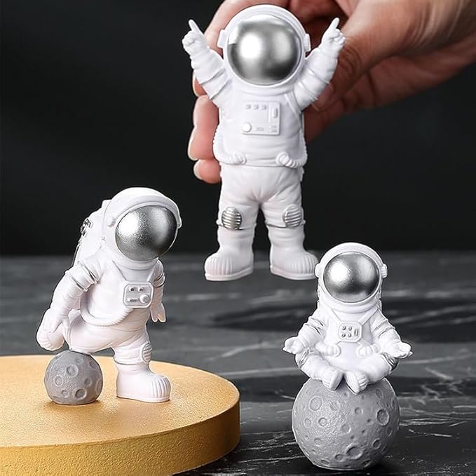 4 Pcs Silver White Astronaut Statues Set, Spaceman Sculpture Figurines Home Ornament Cake Toppers Gift