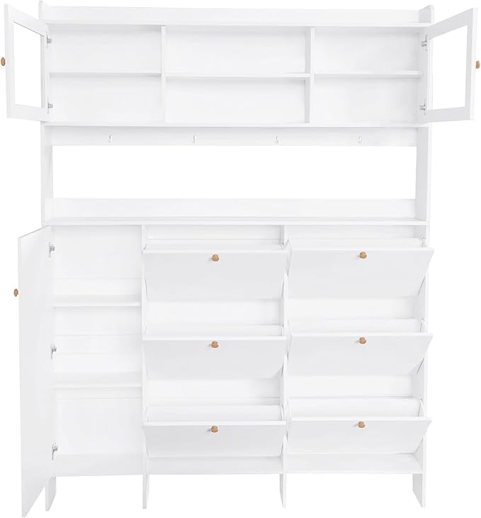 Ball & Cast Tipping Bucket 3-Tier Shoe Cabinet with 6 Flip Drawers and Storage Shelf,Entryway Hall Tree with Tempered Glass Doors and 4 Hooks,for Hallway,Mudroom,Living Room,White