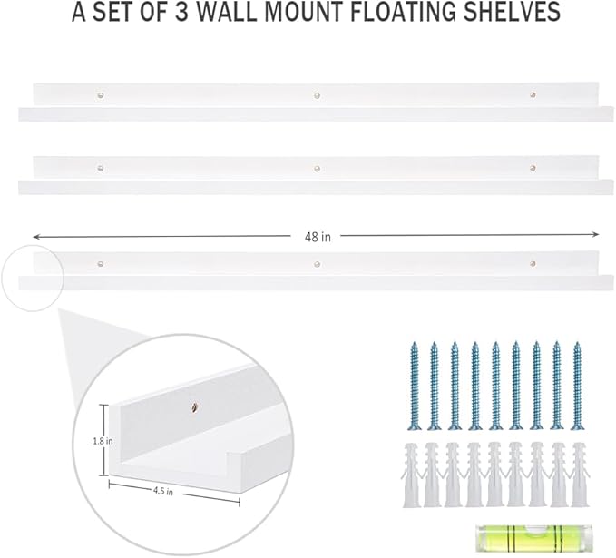 AZSKY 48 Inch White Large Picture Ledges Wood Photo Display Shelf Long Shallow Picture Shelf for Pictures with Lip Wall Mounted Set of 3 for Living Room Bedroom Bathroom Kitchen Same Sizes