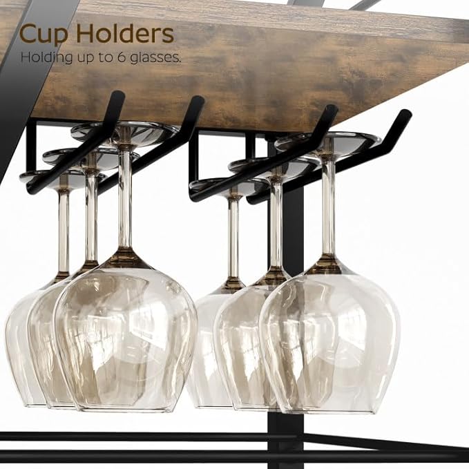 Bar Cart, 3-Tier Bar Cart for The Home, Home Bar Serving Cart with Glass Holders, Beverage Cart for Kitchen, Dining, Party Room, Rustic Brown and Black BC03BR