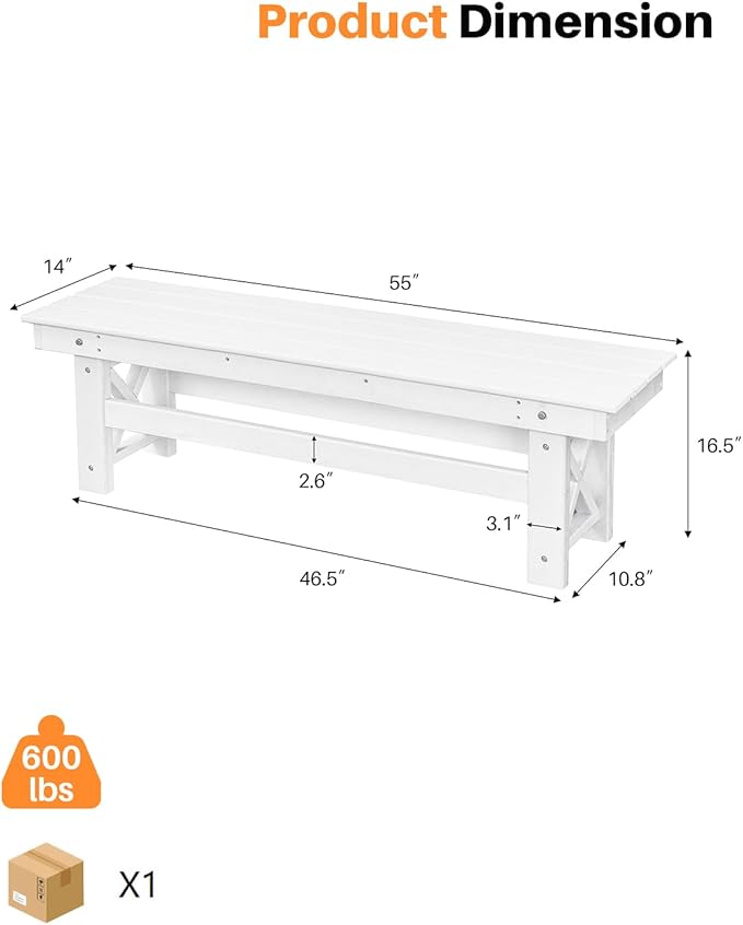 HDPE Outdoor Bench, 55" Patio Bench Outdoor Furniture, Poly Lumber Adirondack Benches, All Weather HDPE Patio Backless Benches for Park, Poolside, Garden, Porch, Pearl