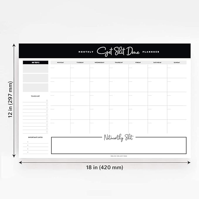 Bliss Collections Monthly Planning Pad, To Do List Notebook - Undated Tear-Off Sheets Notepad - Work Calendar, Organizer, Scheduler for Goals, Tasks - Get Stuff Done, 12" x 18", 18 Sheets