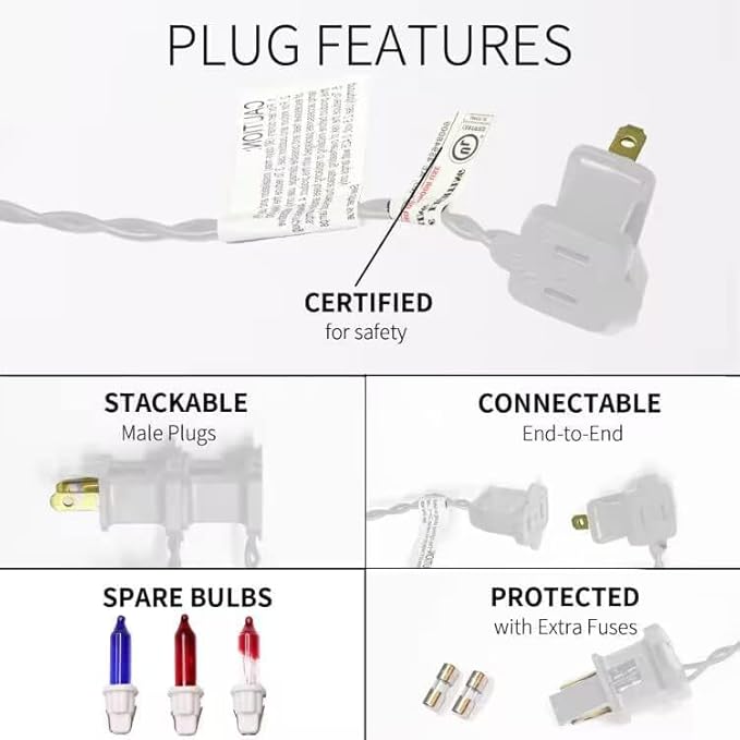 150LIGHTS RED WHITE and BLUE Extra-Bright With End Connectors Christmas Decorative Lights 9.72m UL Certified Mini String Light Set Waterproof for Home Garden Holiday Christmas Tree Party Patio