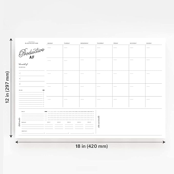 Bliss Collections Monthly Planning Pad, To Do List Notebook - Undated Tear-Off Sheets Notepad - Work Calendar, Organizer, Scheduler for Goals, Tasks - Productive, 12" x 18", 18 Sheets