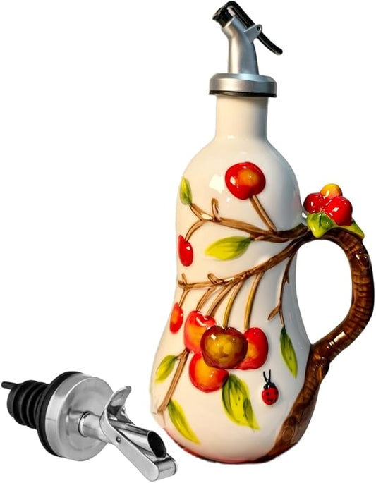 18.26oz/540ml Ceramics Olive Oil Dispenser Bottle,Hand Painted Reliefs Oil Dispenser for Kitchen,Oil Bottles for Kitchen (Cherry)