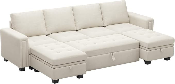 Belffin Modular Sectional Sleeper Sofa with Pull Out Bed Velvet Convertible U Shaped Sectional Sofa Couch with Storage Chaises for Living Room Beige