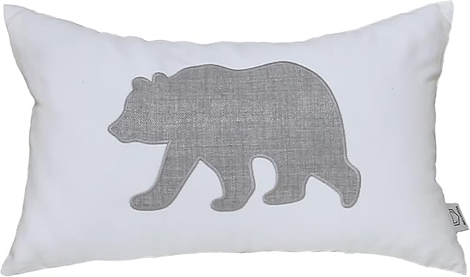Bear Pillow Covers 12x20 Inches Decorative Cotton Linen Throw Lumbar Waist Embroidered Cushions Covers for Couch Sofa Bedroom (White)