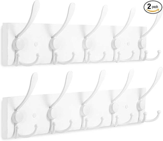 2pcs Coat Rack Wall Mount Coat Hooks Wooden Hat Rack for Wall Hooks Pine Real Wood Plank 16.9" White Coat Hanger with 5 White Triple Hooks for Hanging Coat Hat Jacket