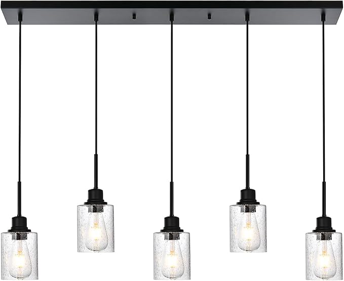 Black Chandelier 5 Light Dining Room Lighting Fixtures Hanging Linear Pendant Lights Industrial Modern Chandelier with Seeded Glass for Kitchen Island Living Room Bedroom Foyer Hall Entryway