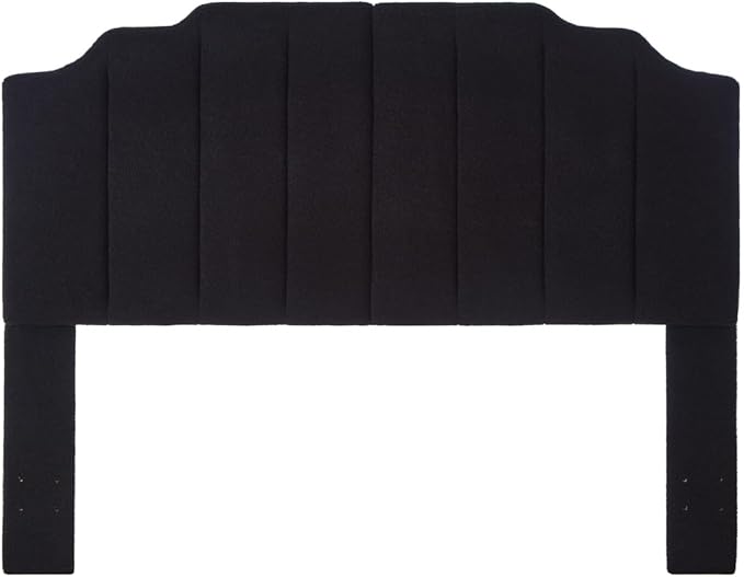 24KF Black Teddy Fabric Tufted for Queen Upholstered Headboard, Modern Vertical Channel Design Full Headboard with Stepped Silhouette Top Edge, 6026-Q-Teddy Black