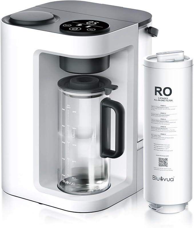 Bluevua RO100ROPOT-LITE Countertop Reverse Osmosis Water Filter System, 5 Stage Purification, 3:1 Pure to Drain, Portable Water Purifier (No Installation Required) (White)