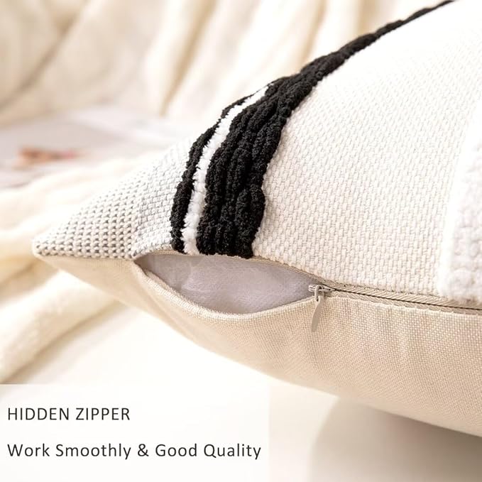 Boho Throw Pillow Covers 18x18 Set of 2 Farmhouse Decorative Cushion Case Striped Square Pillows Cover Chenille Pillow Cases Accent Neutral Pillowcase for Sofa Couch Bed,Black and White