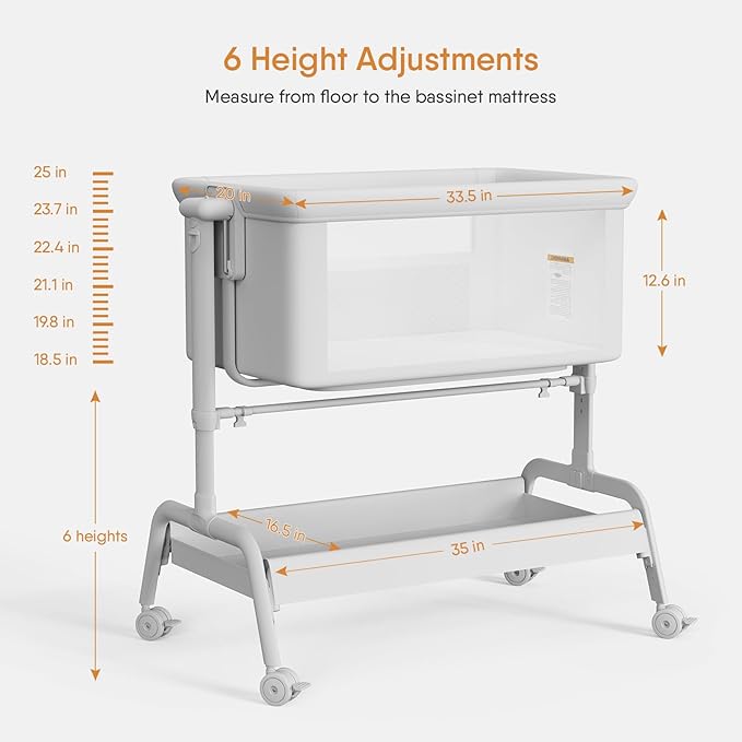 3-in-1 Baby Bassinet, Rocking Bassinet, Bedside Bassinet for Baby, Stable and Secure Bassinet Bedside Sleeper for Newborn & Infant, 6 Height Adjustable with Wheels, Mattress & Breathable Mesh