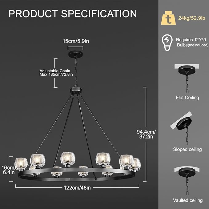 Black Wagon Wheel Chandelier, 48 Inch Black Chandeliers with Unique Glass Shade, 12-Light Crystal Large Wagon Wheel Chandeliers for Dining Room, High Ceiling Round Chandelier for Living Room, Foyer