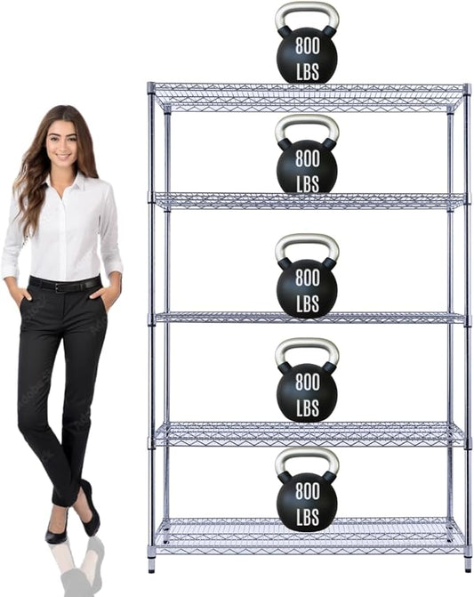 48"x24"x72" Prime Heavy Duty Chrome 5-Tier Steel Wire Shelving NSF 4000 LBS MAX Capacity Storage Rack for Commercial, School, Home, Garage, Warehouse, Industrial, and Hospital Uses (with Wheels)