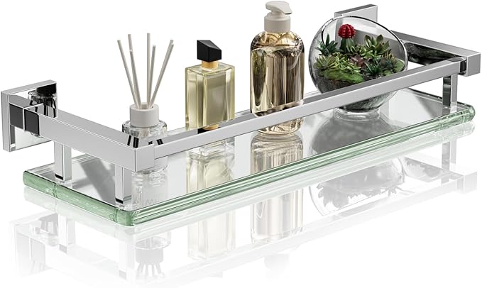 Alise Bathroom Glass Shelf with Stainless Steel Railing, Polished Chrome Small Tempered Glass Floating Wall Shelf Over The Toilet, 16 inch