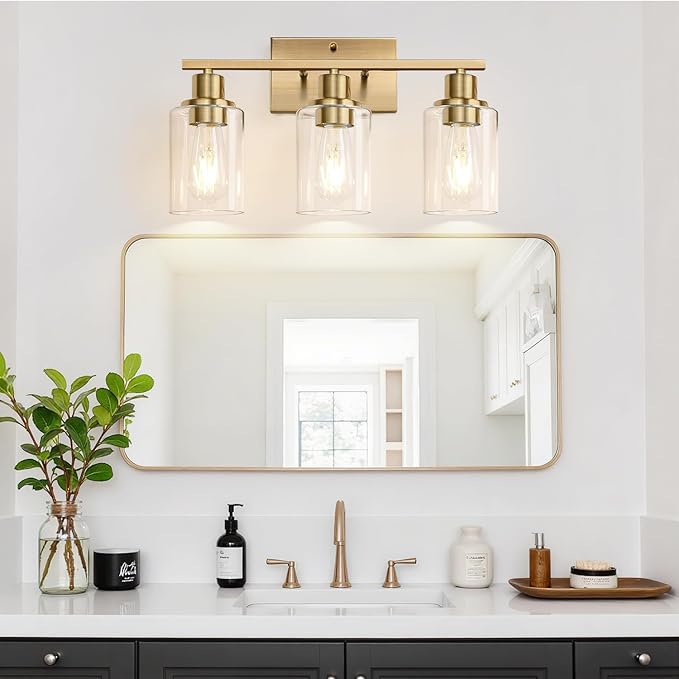 3 Light Bathroom Light Fixtures, Brass Vanity Lights for Bathroom with Clear Glass Shades, Modern Bathroom Wall Sconces for Mirror Living Room Cabinet
