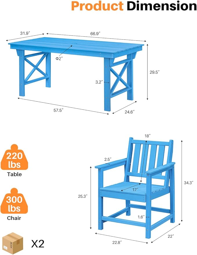HDPE Patio Dining Set, 5-Piece Outdoor Table and Chairs with Umbrella Hole, Modern Outdoor Dining Set for 4, HDPE Outdoor Patio Furniture Dining Sets for Deck, Poolside, Porch, Sky Blue