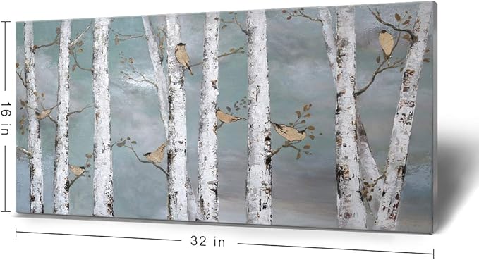 amatop Teal Wall Art 100% Hand-Painted Landscape Forest Oil Painting on Canvas Original Framed Artwork Gold Bird Birch Tree Artwork White Birch at Night for Living Room Bedroom Office Decor 32x16inch