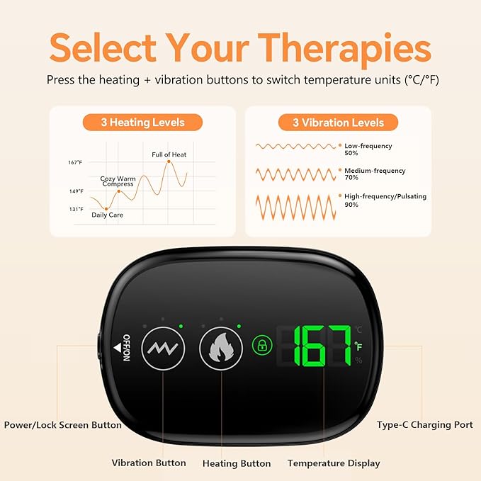 Heating Pad for Back, Lumbar Massager, Heated Waist Belt Wrap, Lower Back Pad with Heat Vibration 3 Levels Adjustable, 180 mins Battery, Cordless Portable, Touchscreen Control