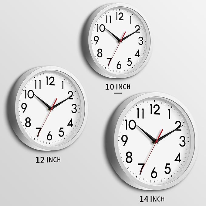 14 Inch Wall Clock Large Battery Operated Big Silent Non Ticking Analog Decorative for Living Room Office Kitchen Outdoor Classroom Bedroom Bathroom School Home(Silver)