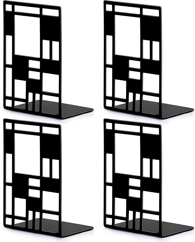 Book Ends, Bookends, Book Ends for Shelves, Bookends for Heavy Books, Book Divider Decorative Holder, Metal Heavy Duty Bookend Black 2 Pair, Abstract Art Desgin Book Stopper Supports for Office, Home