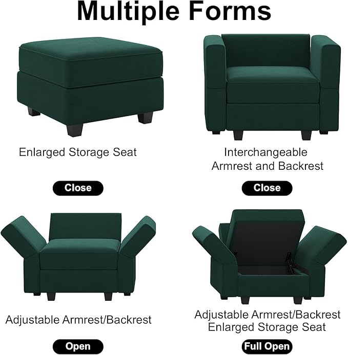 Belffin Modular Sofa Couch with Storage Seats Velvet 3 Seater Sofa for Living Room Green