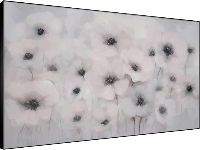 46"x72" Extra Large Framed Wall Art Soft White Poppies Watercolor Floral, Delicate Botanical for Home Living Room Bedroom Decor (Frame Assembly Required)