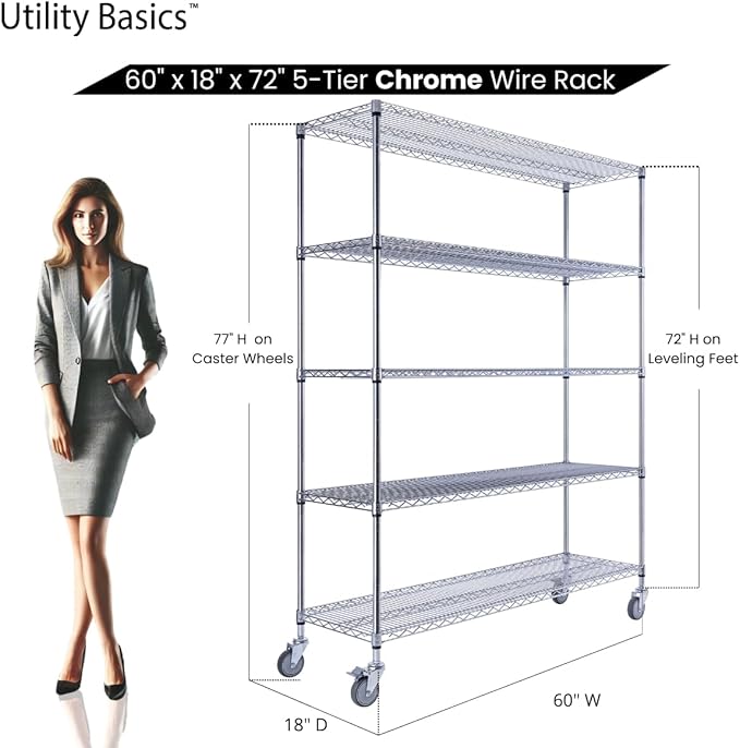 60"x18"x72" Chrome 5-Tier PREMIUM Wire Shelving NSF 4000 LBS MAX CAPACITY Heavy Duty Steel Storage Rack for Warehouses, Garages, Hospitals, Commercial Spaces, & Schools w/PREMIUM WHEELS