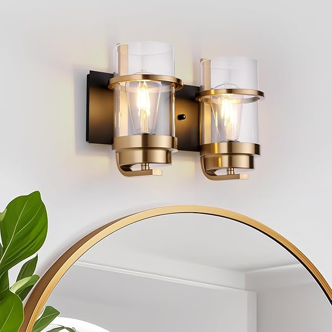 Bathroom Vanity Light Fixtures, Black Gold Vanity Lights for Bathroom 2 Lights,Gold Brushed Wall Sconce(Bulbs not Included)