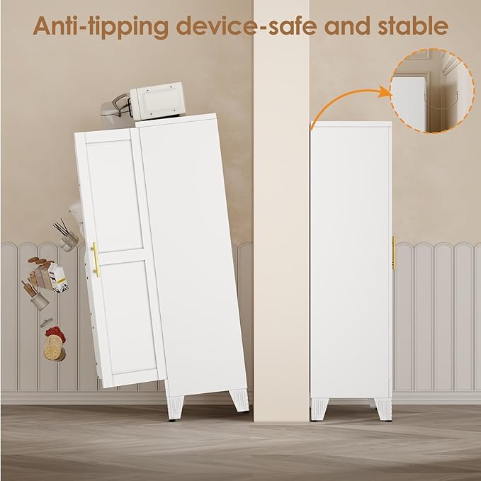 51" Kitchen Pantry Cabinet, Metal Storage Cabinet with 3 Adjustable Layer Shelves, 8 Door Shelves, Buffet Sideboard for Living Room, Kitchen, White