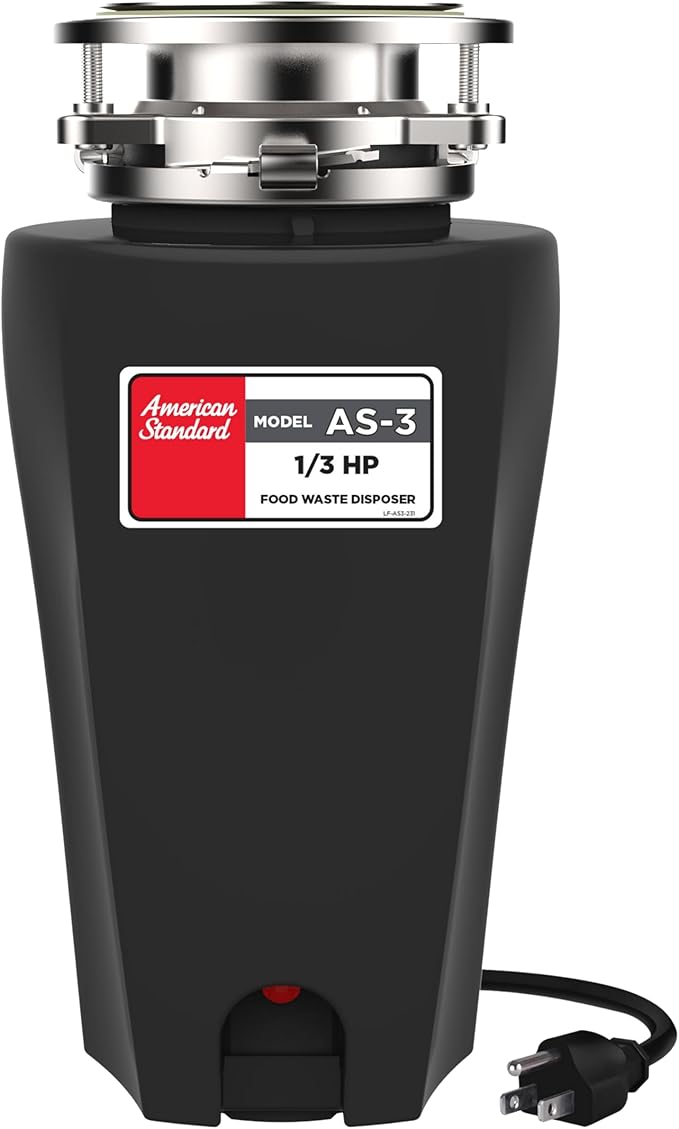 American Standard 10-US-AS-3 Garbage Disposal Anti-Jam Stainless Steel Food Waste Grinding System, Slim Line, 1/3 HP, Black