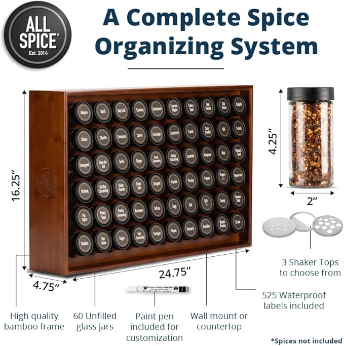 AllSpice Spice Rack Organizer, Wood, 525 Unique Labels, Countertop or Wall Mount, Includes 60 4oz Jars- Walnut Stain