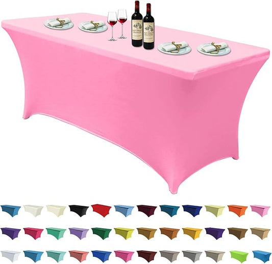 ABCCANOPY 5 FT Pink Spandex Table Cover Stretch Fitted Wrinkle Resistant Tablecloth Reuse for Rectangular Folding Table Patry Event Wedding Banquet Protector