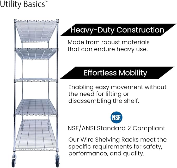 60"x24"x72" Chrome 5-Tier PREMIUM Wire Shelving NSF 4000 LBS MAX CAPACITY Heavy Duty Steel Storage Rack for Warehouses, Garages, Hospitals, Commercial Spaces, & Schools w/PREMIUM WHEELS