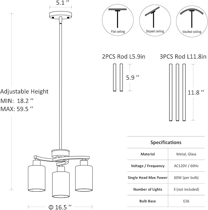 3-Light Modern Farmhouse Black Pendant Lights Kitchen Island, Adjustable Height Contemporary Chandeliers for Dining Room Light Fixture Hanging, Clear Glass Shade