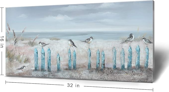 amatop Ocean Beach Wall Art 3D Framed Hand-Painted Seascape Oil Painting Perching Bird Canvas Artwork 'The Tranquility by The Sea Shore' for Living Room Bedroom Decor Coastal Blue