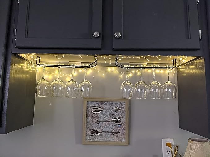 14-Inch Black Wine Glass Rack, Under Cabinet Wine Glass Holder, Stemware Rack, Hanging Stemware Holder, Set of 2