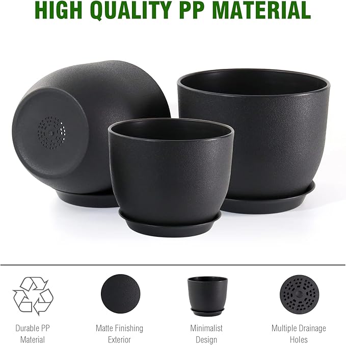 12/10/9 inch Big Flower Pots, 3 Pack Modern Decorative Plastic Planters with Drainage Holes and Tray, Plant Pots for Indoor Outdoor Plants, Black