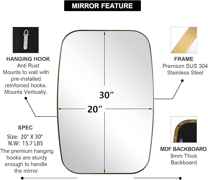 ANDY STAR Gold Bathroom Mirror, 20x30’’ Brushed Gold Vanity Mirror for Bathroom, Brushed Brass Oblong Stainless Steel Metal Frame Mirror for Over Sink