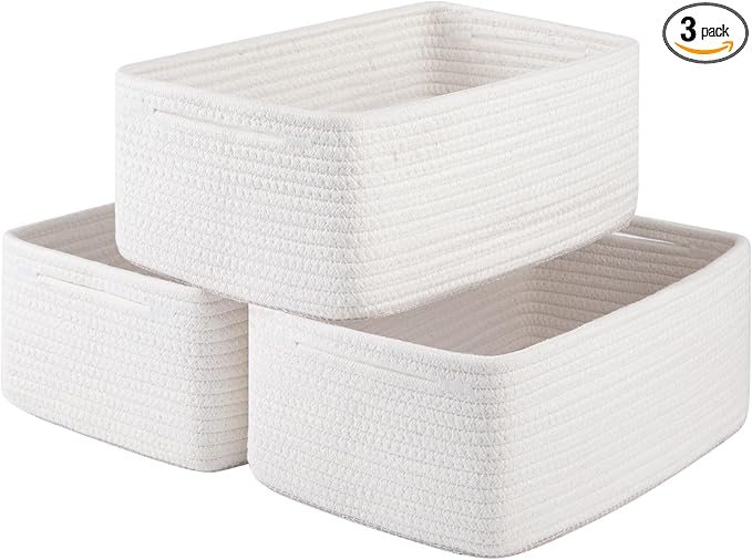 3 Pack Small Storage Baskets for Organizing, Cute Woven Decorative Gift Baskets for Shelves, Mini Closet Organizer Bins with Handles-13''Lx8.66''Wx5.11''H-White